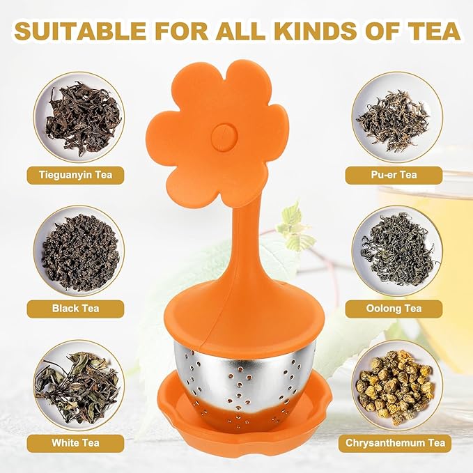 uxcell 2 Pcs Flower Tea Infuser, Stainless Steel Loose Leaf Tea Steeper Filter with Silicone Handle Reusable Coarse Pores Mesh Strainer Diffuser for Teacups Teapots Mugs, Orange
