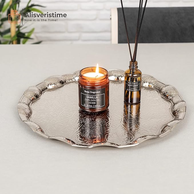Alisveristime Turkish Ottoman Coffee Tea Serving Tray – 13.60 inches, Metal with Traditional Motifs, Available in Five Colors (Gray)