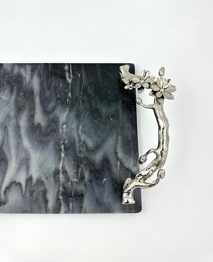 Elegant Marble Serving Tray with Decorative Metal Handles| Premium Platter for Dining & Home Décor. (Silver)