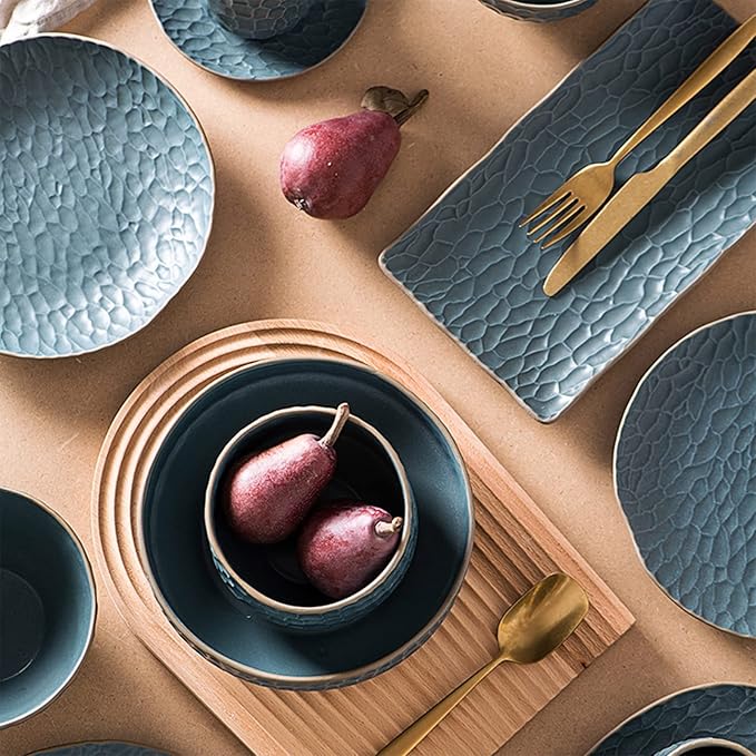 Ceramic Dinnerware Set, 17 Pcs Matte Blue Porcelain Dinner Set, Porcelain Bowls and Plates Sets Nordic Style, Tableware Combination Set, Cereal Bowl/Soup Plate/Mug Set Service for 4