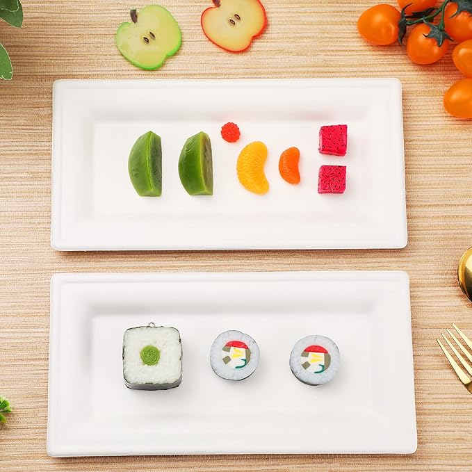 Hotop Disposable Rectangle Plates White Rectangle Serving Platter Heavy Duty Sugarcane Bagasse Plate for Outdoor Indoor Parties Serve Meals Snacks Deserts Fruits (200 Pieces)
