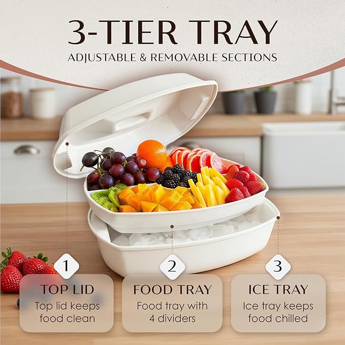 15" Stone-Colored Chilled Serving Tray - 3-Tier Ice Party Platter with 4 Compartments, Ice Tray & Lid, BPA-Free Melamine, Dishwasher & Freezer Safe for Fruits & Vegetables - Cutting Board Included