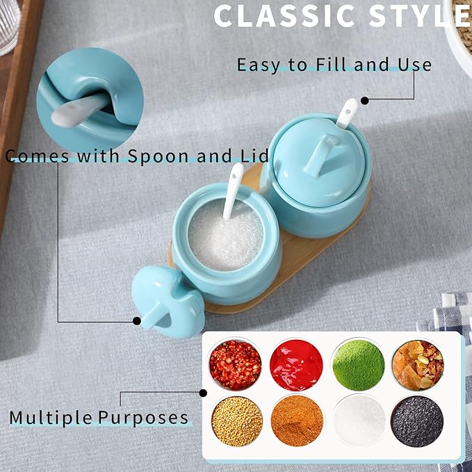 HAOTOP Ceramic Sugar Bowl 2 Pack, PorcelainJar with Tray, Spoon and Lid for Sugar, Pepper, Coffee, Spice, Salt, 12 Ounces (Blue)