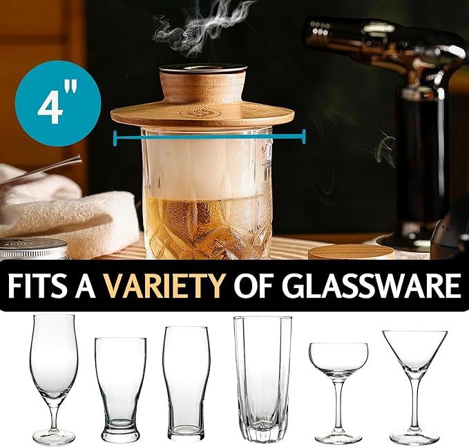 Cocktail Smoker Kit - Whiskey Bourbon Drink Smoker with Torch, Custom Top, 2 Ice Ball Makers, 4 Flavors Wood Chips - Smokers for Whiskey Drinks - Cocktail Drink Smoking Kit - Unique Gifts for Him