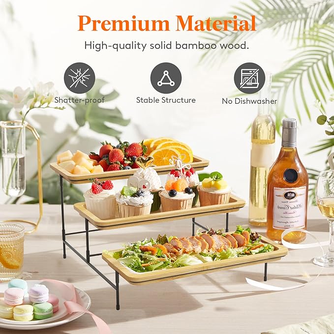 Lifewit 3 Tier Bamboo Serving Tray for Party Supplies, 12" x 6.5" Platters for Serving Food, Reusable Trays with Black Metal Display Stand for Veggie, Fruit, Cookies, Dessert
