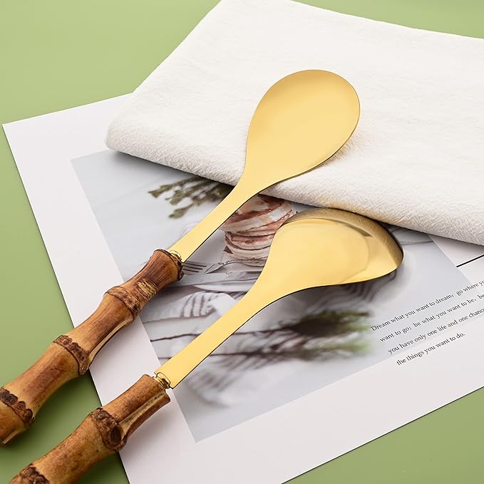 Salad Servers - 10.0 inch Serving Spoons and Forks Set of 6 - Include 3 Large Spoon and 3 Large Fork - Gold Stainless Steel Serving Utensils with Bamboo Handle