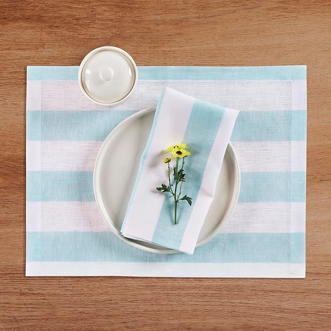 Solino Home Linen Cloth Napkins Set of 4-100% Pure Linen Aqua and White Striped Dinner Napkins 20 x 20 Inch - Cabana Stripe, Handcrafted and Machine Washable
