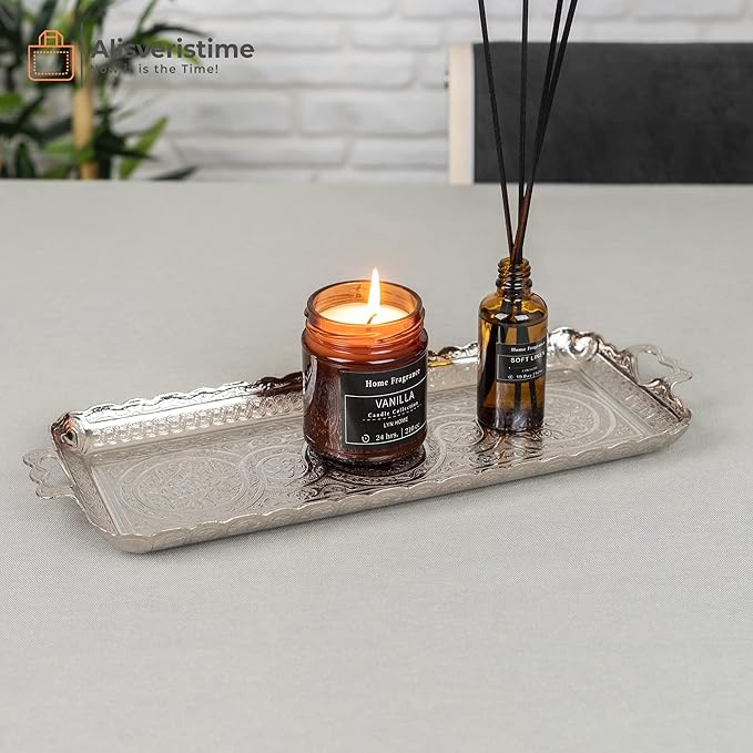Alisveristime Turkish Ottoman Coffee Tea Beverage Serving Rectangle Tray (Small Tray) (13 INC*5.5 INC) (Silver)