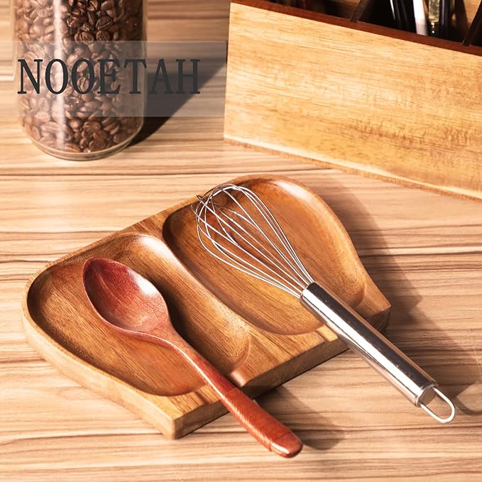 Large Acacia Wood Spoon Rest, Double Wooden Spoon Holder With Non Slip Silicone Feet, Handmade Kitchen Rest for Kitchen Countertop (Brown)