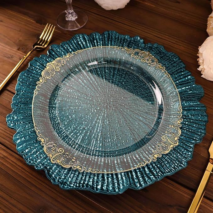 13" Charger Plates - Set of 12 - Acrylic Teal Round Reef Disposable Chargers, Ideal for Dinner Party Wedding Holiday Bulk Events