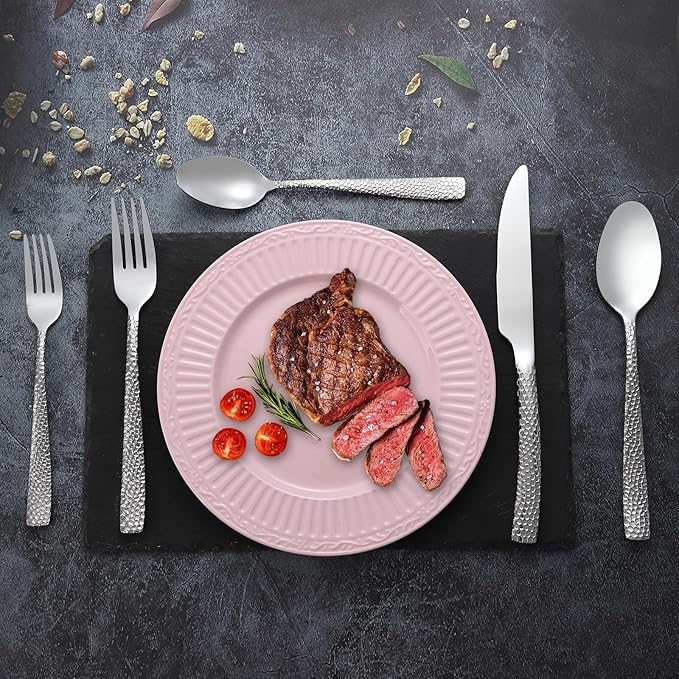 20-Piece Silver Silverware Set, Heavy Duty Hammered 18/10 Stainless Steel Flatware Set for 4, Food-Grade Cutlery Set, Tableware Set Including Fork Knife Spoon Set,Dishwasher Safe