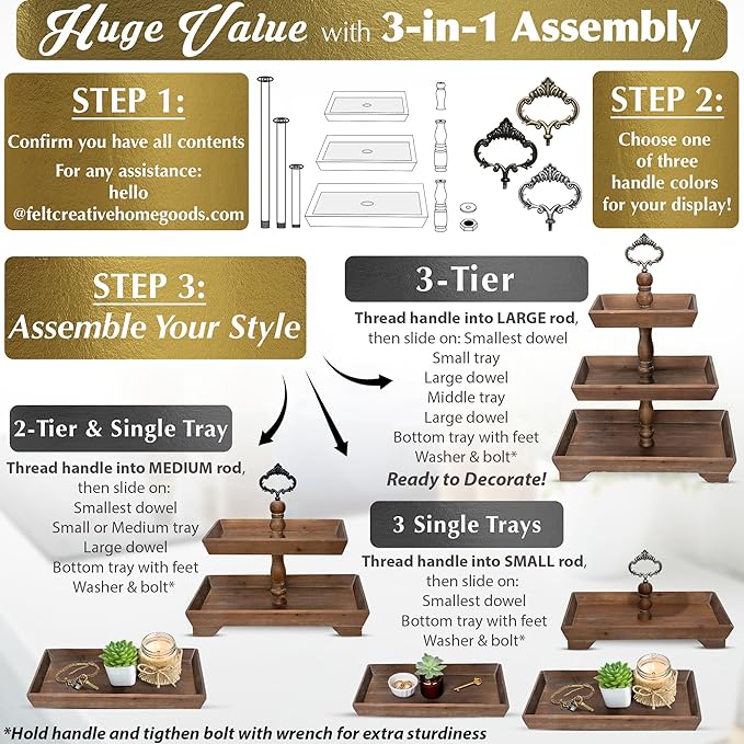 3 Tier Serving Tray [3 in 1] - Gorgeous Coffee Table Tray [Includes 3 Changeable Handles] - Can Assemble into a 1, 2 or 3 Tier Decor - Kitchen Table Centerpiece - Rectangle Wooden Serving Stand