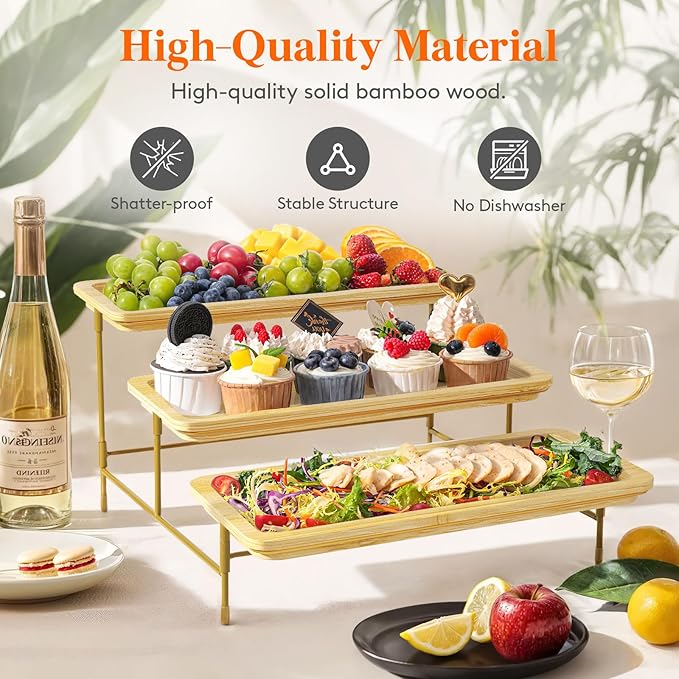 Lifewit 3 Tier Bamboo Serving Tray for Party Supplies, 14" x 6.5" Platters for Serving Food, Reusable Trays with Gold Metal Display Stand for Veggie, Fruit, Cookies, Dessert