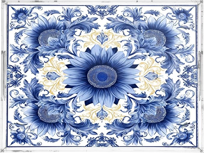 Serving Tray with Handles Clear Acrylic Tray 12x16 Inch Decorative Rectangular Tray Organizer for Ottoman Coffee Table Bathroom Sunflowers Blue and White