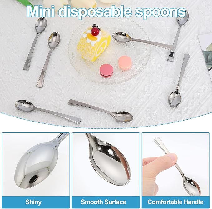 100PCS Silver Plastic Mini Spoons, Disposable Dessert Spoons 4.5 Inches, Perfect for Coffee, Cake, Appetizers