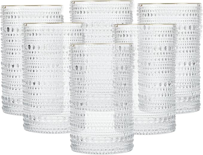 Fortessa Jupiter Beaded Hobnail Glass, 13 Ounce Iced Beverage (Set of 6), Gold Rim Clear