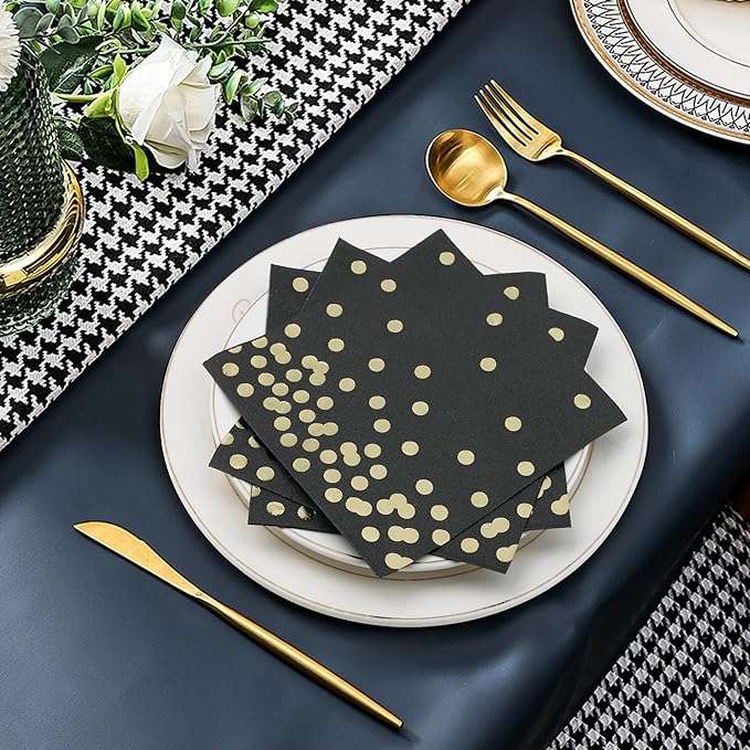 80 Pack of White Paper Cocktail Napkins with Gold Foil Polka Dot Confetti，Polka Dot Party Supplies(5 x 5 in，3-ply) (Black)