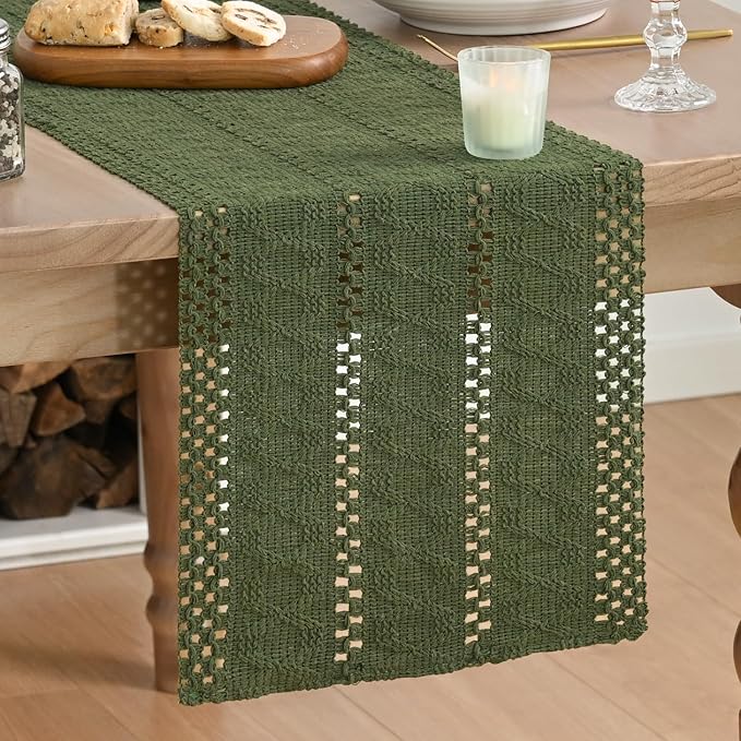 Artoid Mode Army Green Farmhouse Woven Rustic Hollow Table Runner, Seasonal Holiday Hollow Kitchen Dining Table Decoration for Home Party Decor 12x60 Inch