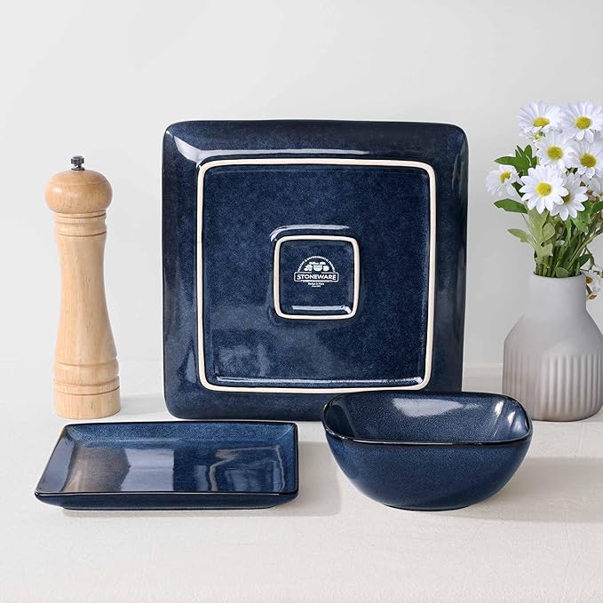 Herogo 12 Pieces Square Stoneware Dinnerware Set, Service for 4, Dinner Plates and Bowls Sets, Double Reactive Glaze Dishes Set for Kitchen, Scratch Resistant, Dishwasher Safe, Starry Blue