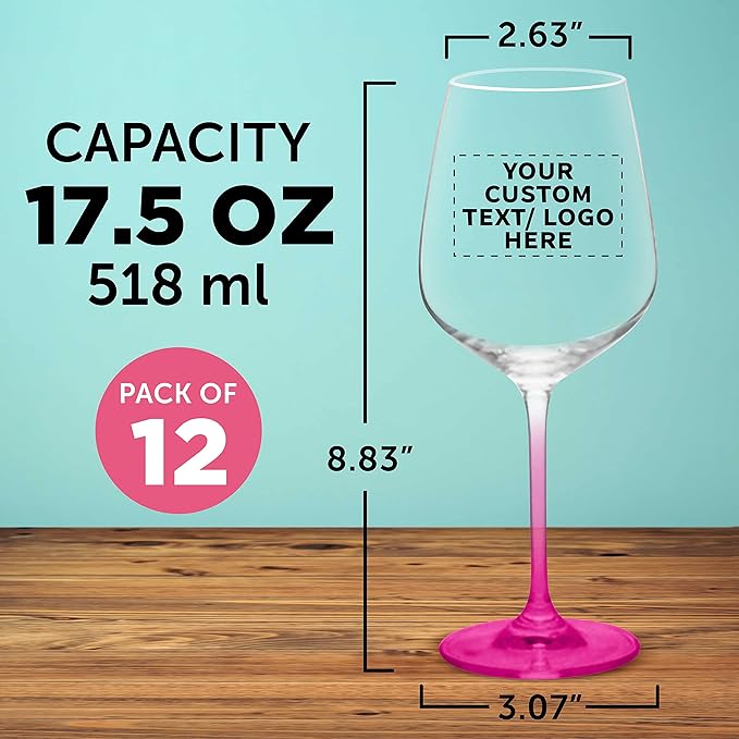 Custom Crystal Wine Glasses 17.5 oz Set of 12, Personalized Bulk Pack - Restaurant Glassware, Perfect for Red Wine or White Wine - Pink