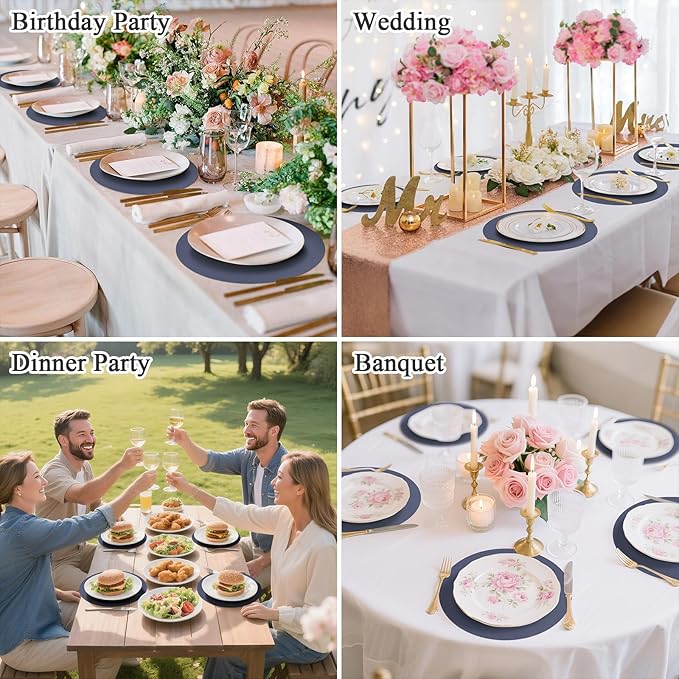 SHACOS 100 PCS Round Paper Placemats 13 inch Disposable Paper Place Mats for Dinner Wedding Birthday Party Festival Table Decoration Indoor Outdoor, Navy Blue