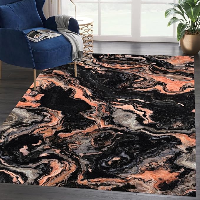 Modern Abstract Marble Collection Area Rugs 10x12 Black White Swirl Lines Rugs for Living Room Bedroom Dining Room Washable Low Pile Carpet Non-Slip Lightweight Floor Mat