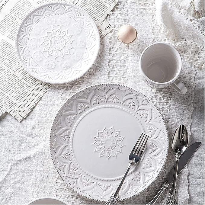 Ceramics Dinner Sets, 24 Pieces White Vintage Relief Porcelain Dinnerware Set | Nordic Style Cereal Bowl Steak Plate and Mug