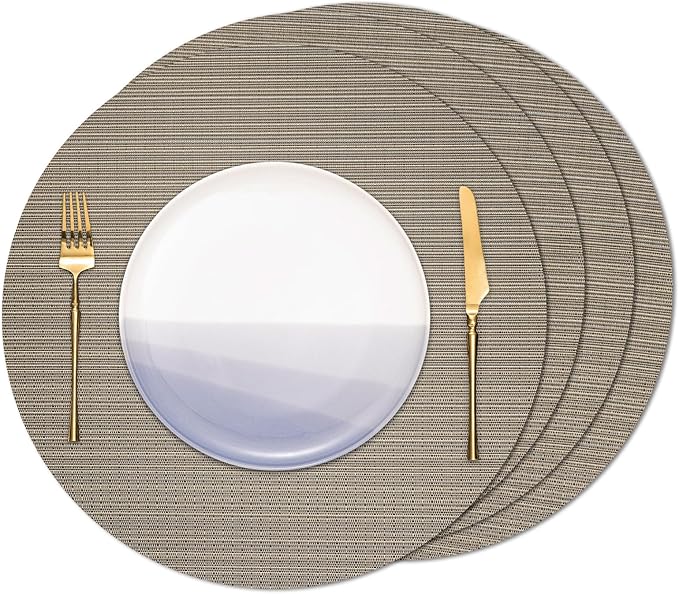 Round Placemats Set of 4 Heat Resistant Vinyl Placemats 15 inch Washable Non-Slip Table Mats Woven Place Mats for Dining Table (Golden Silver, Set of 4)