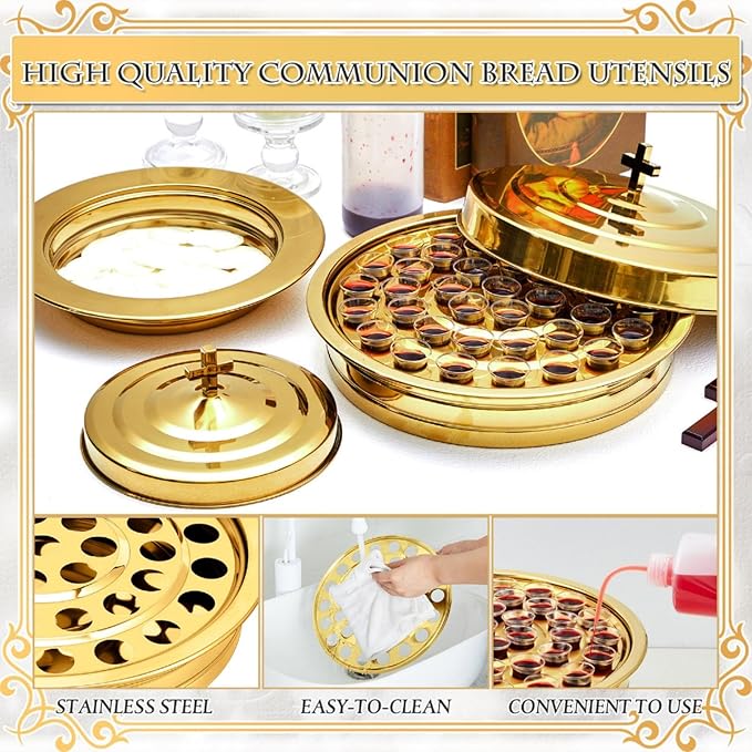 Zhehao 2 Pcs Communion Set Holy Trays for Churches with Lid Communion Plates with Lid Churches Cups Filler and Disposable Cups Supplies (Gold)