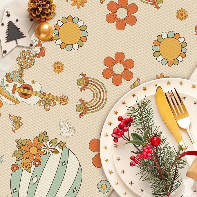 Retro Flowers Table Runner Seasonal Holiday Kitchen Dining Linen Table Decoration for Indoor Outdoor Home Party Decor 13 x 72 Inch