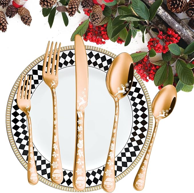 Vilihkc Christmas Style Silverware Set,20 Piece Stainless Steel Flatware Set, Kitchen Utensil Set Service for 4,Tableware Cutlery Set for Home and Restaurant,Dishwasher Safe