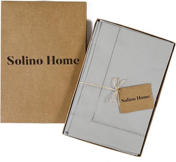 Solino Home Light Grey Napkins Set of 4 - Cotton Linen Hemstitch Dinner Napkins Cloth 20 x 20 Inch for Spring, Easter - Handcrafted and Machine Washable