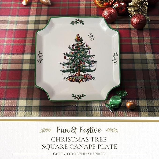 Spode Christmas Tree Canape Plate - 8" Holiday Serving Dish for Appetizers, Desserts, Treats - Fine Porcelain with Green Border, Dishwasher Safe - Ideal Christmas Tableware