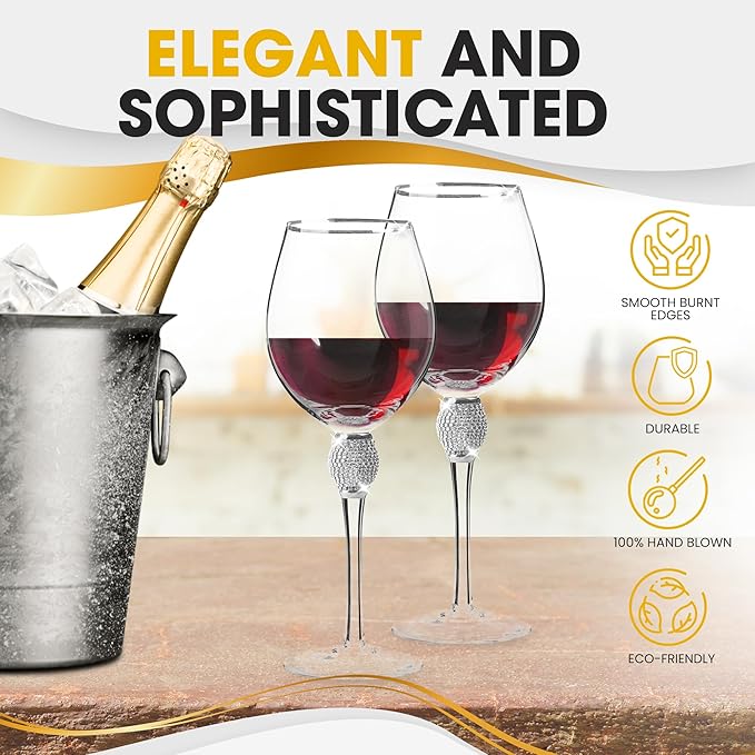 Premium Wine Glasses Set of 6 - Crystal Long Stem Wine Glass with Silver Rim & Rhinestone Design - 18 oz