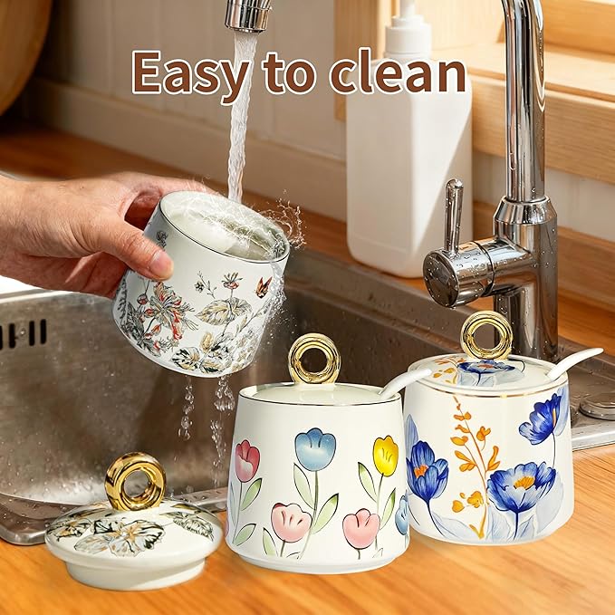 JUSONEY Ceramic Sugar Bowl with Lid and Spoon with Floral Pattern, Gold Trim - 7.5oz Elegant Sugar Jar with Lid and Spoon, Nordic Style for Kitchen, Dining, Cafe, Gift Idea (B)