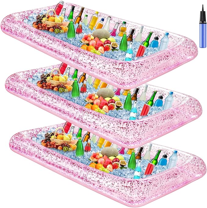 Leitee 3 Pcs Inflatable Serving Bar 52 x 24 x 5'' Ice Buffet Serving Tray Drink Cooler with Drain Plug Inflatable Pool Bar for Party Food Drink Holders with a Hand Pump(Glitter Pink)