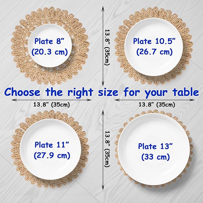 13.8" Round Corn Husk Placemats | Boho Woven Rattan Table Mats | Natural Spring Farmhouse Plate Chargers | Handmade Rustic Wicker Place Mats for Christmas Wedding (Set of 8)