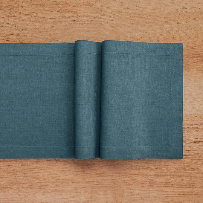 Solino Home Linen Table Runner 72 Inches Long - 100% Pure Linen Peacock Blue Table Runner 14 x 72 Inch - Fete