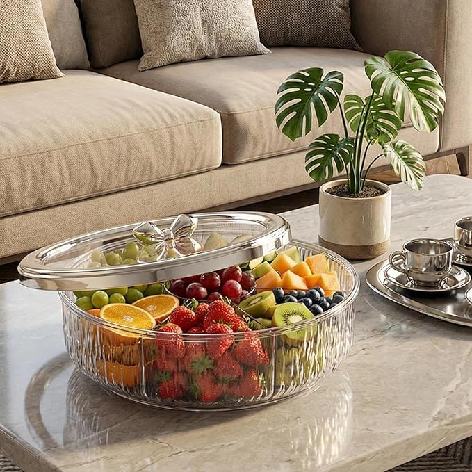 Serving Tray Container Rotating Snack Plate Dried Nuts Platter for Kitchen Entertaining, silver Bow