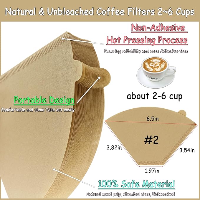 200 Count Coffee Filter #2, 2-6 Cups Coffee Filters Unbleached Natural Disposable Cafe Filters 02 Cone Paper Fits for Ninja, Drip and Pour Over Coffee Maker