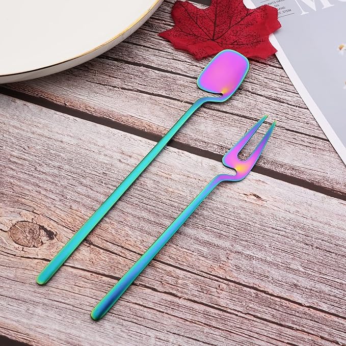 JASHII 28-Piece Rainbow Silverware Flatware Set for 4, 304 Stainless Steel Colorful Eating Utensils Cutlery, Tableware for Home Restaurant Party - Hanging Cup - Dishwasher Safe