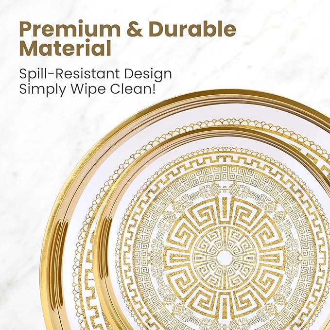 Round Serving Tray with with Handles Antique Look & Stylish Design Decorative Trays for Kitchen Round Ottoman Tray for Dinning Living Room & Home Decor Pack of 2 (Gold)
