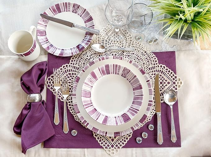 Tudor 16-Piece Premium Quality Round Porcelain Dinnerware Set,BOHEME PURPLE, Service for 4, See 10 Designs Inside!