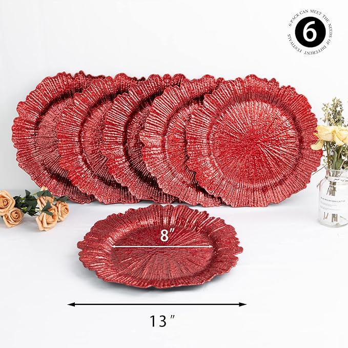 MAONAME Red Charger Plates, Set of 6, Reef Plates Charger for Dinner Plate,13-inch Plastic Chargers for Wedding Decor