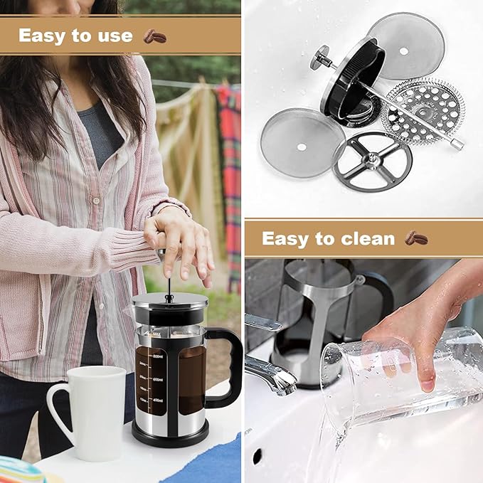 French Press Coffee Tea Maker， Upgrade Heat Cold Resistant Thickened Glass with 4 Level Stainless Steel Filtration System Brew Coffee & Tea， BPA Free, Large 1000ml 34oz, (Silver)