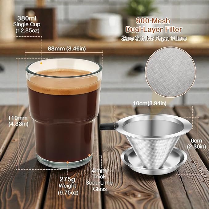 NANSPATH380ml Single-Serve Pour Over Coffee Maker, Thick Glass Drip Cup with Reusable 600-Mesh Stainless Steel Filter, Portable Coffee Brewer with Lid, Straw & Stirring Spoon (Transparent color)