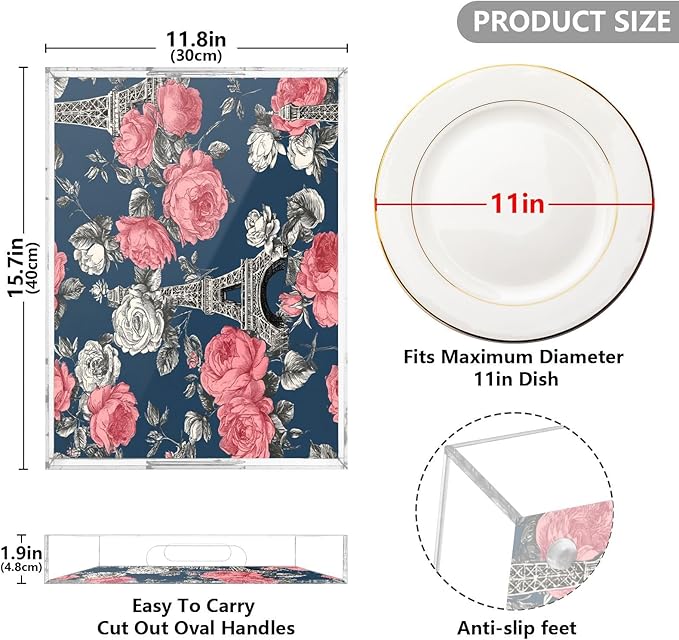 Serving Tray with Handles Clear Acrylic Tray 12x16 Inch Decorative Rectangular Tray Organizer for Ottoman Coffee Table Bathroom Blue French Eiffel Tower and Roses