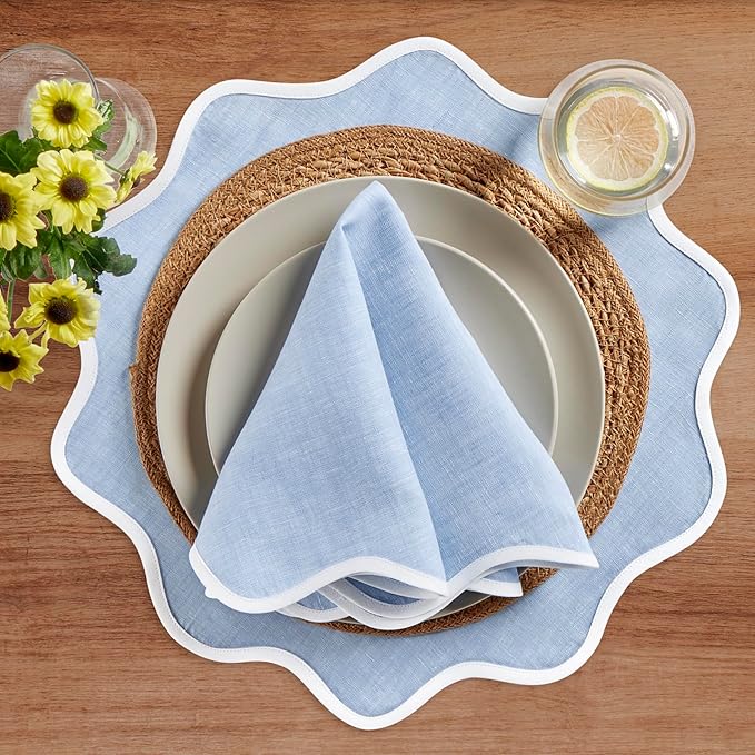 Solino Home Scallop Linen Placemats Set of 4-100% Pure Linen White and Chambray Blue Round Cloth Placemats 16 Inch for New Year, Winter - Giselle Scallop Edge, Handcrafted and Machine Washable