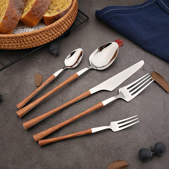 20-piece Stainless Steel Flatware Set with Wooden Handle, Wood Silverware Set for 4, Mirror, Dishwasher Safe, for Home Kitchen Travel - Small Waist Handle Silver