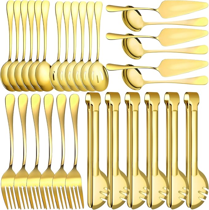 30 Pcs Gold Serving Utensils Set Include Stainless Steel Large Serving Spoons Slotted Spoons Forks Soup Ladle Pie Server - Metal Utensils for Parties Buffet Catering, Dishwasher Safe